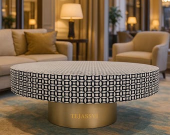 Mesa de centro redonda con incrustaciones de hueso de madera / Mesa de centro / Mesa de centro redonda con incrustaciones de hueso floral / Muebles con patrón moderno con incrustaciones de hueso hechos a mano.