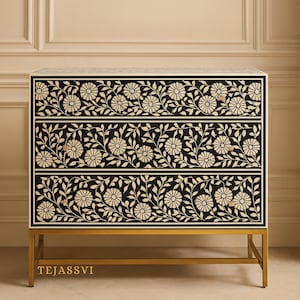 Bone Inlay Furniture, Bone Inlay Chest of 3 Drawers stripe Blue,3 Drawer Dresser, Bone Inlay Dresser, Bone Inlay Sideboard, Optical Cabinet.