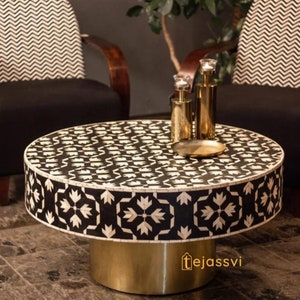 Handmade Bone Inlay Coffee Table, Center Table, Round Coffee Table, Round Bone Inlay Centre Table Wooden Cocktail Table.