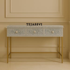 Handmade Bone Inlay Console Table | Hall-Way Entry Table | Study Table | White |  Wooden bone inlay floral Laptop table,  Inlay white Table.