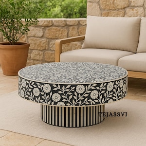 Floral Black Centre Table Handmade Bone Inlay Coffee Table | Center Table, BONE INLAY TABLE, Round Coffee Table Bone Inlay Cocktail Table