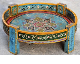 Buy Wooden Chakki A Hand Painted Indian Carved Coffee Table, End Table, Garden Center Table, Handmade Planter, Fruit Box, Boho Plant Stand.