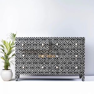 Indian wooden handmade Geometric Bone Inlay Design 6 Drawers /Bone inlay Cabinet/Table bone inlay livingroom furniture/Bone Inlay Sideboard.