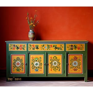 Green and Yellow Pankhuri sideboard  / Side Storage / Cabinet | Bedside, Side Table, Hand Painted, Wooden Big Cabinet/ Vintage Cabinet.
