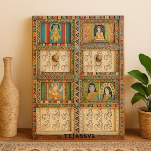 ANTIQUE Indian DOOR | Metal Fitted Hand painted SHRINATH Ji Wall Hanging Wall Panel Home Decor Doors Made From Reclaimed Wood.