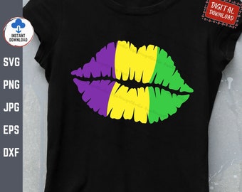 May include: Purple, yellow and green lips graphic design. This design is perfect for Mardi Gras or any celebration.