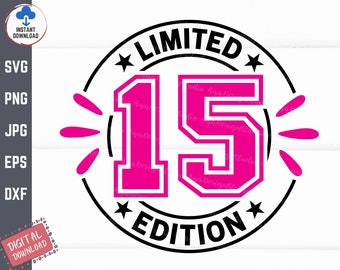 May include: A black and white circle with the text "LIMITED EDITION" and a pink number "15" inside. The number has a white outline and is in a sporty font.