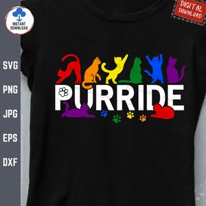May include: A black t-shirt with a rainbow design of cats and the word "Purride" in white. The cats are in different poses and are arranged in a line. There are also paw prints below the word.