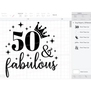 May include: Black graphic design with the number "50" and the words "& fabulous" in a script font. A crown and stars surround the text, suitable for a birthday celebration.