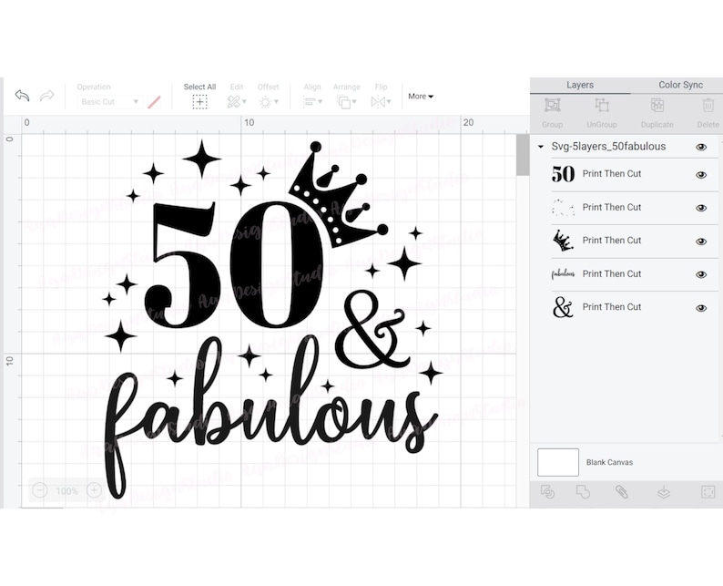 May include: Black graphic design with the number "50" and the words "& fabulous" in a script font. A crown and stars surround the text, suitable for a birthday celebration.