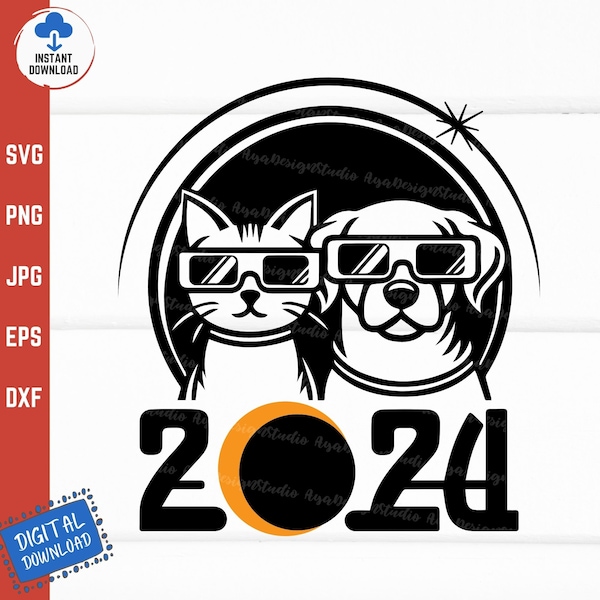 Cat And Dog Wearing Solar Eclipse Glasses Svg, Total Solar Eclipse 2024 Svg, 8th April 2024, Astronomy Animals Pet Svg