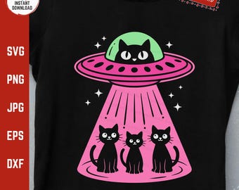 猫エイリアンUFOピンクスペース、宇宙船動物のかわいいペットの面白いハロウィーン、ユーモラスな地球外猫SVG