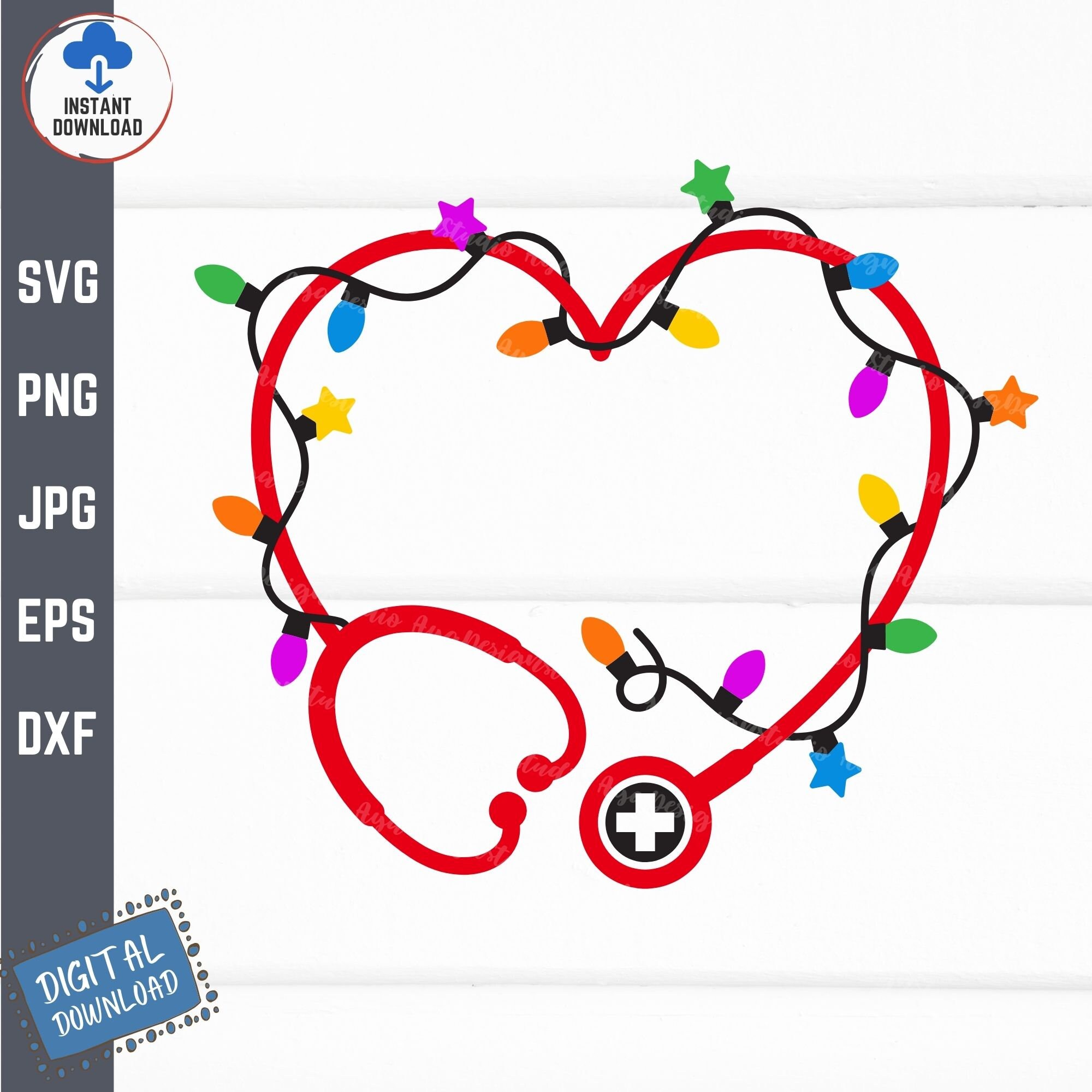 Christmas Light Stethoscope Svg, Stethoscope Heart with Christmas Light Svg, Stethoscope Monogram Frame Svg, Christmas Nurse Svg