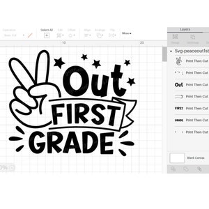 Puede incluir: Dise&ntilde;o en blanco y negro para una camiseta u otro proyecto artesanal. El dise&ntilde;o dice "Out First Grade" con un signo de paz y estrellas.