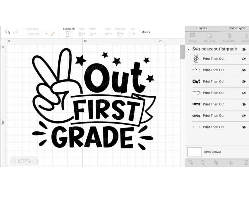Puede incluir: Dise&ntilde;o en blanco y negro para una camiseta u otro proyecto artesanal. El dise&ntilde;o dice "Out First Grade" con un signo de paz y estrellas.