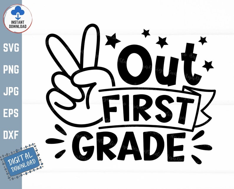 Puede incluir: Dise&ntilde;o gr&aacute;fico en blanco y negro con un signo de paz y el texto "Out First Grade".
