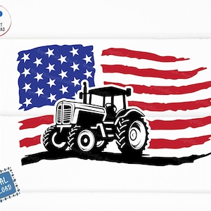 May include: A black silhouette of a tractor in front of a distressed American flag. The flag is red, white, and blue with a grunge effect.
