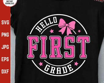 Hello First Grade Svg, Teacher Kids Back to School Girl Shirt Png, Pink Bow School, 1st Grade, 1st Day Of School Svg