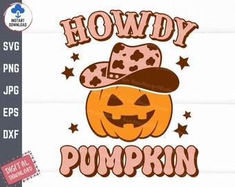 Howdy Pumpkin Svg, Country Pumpkin Svg, Retro Halloween Fall Svg, Pumpkin Face Svg, Cowgirl Halloween Fall Svg, Halloween Cowgirl Svg
