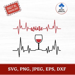 Wijnglas Heartbeat SVG, Wijn Heartbeat Line Svg, Wijnliefhebber Svg, Wijnglazen Design SVG, Instant Download voor Cricut