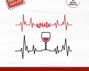Wine Glass Heartbeat SVG, Wine Heartbeat Line Svg, Wine Lover Svg, Wine Glasses Design SVG, download instantâneo para Cricut