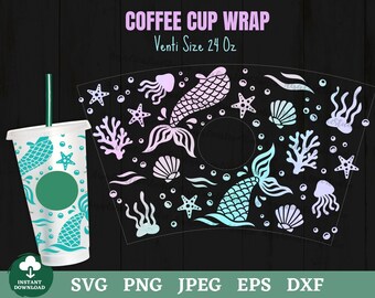 Mermaid Coffee Cup Wrap Svg, Mermaid Tail Coffee Cup Svg, Under the Sea Coffee Cup Wrap Svg, Mermaid Full Wrap Coffee Cold Cup Svg 24oz