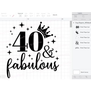 Puede incluir: Dise&ntilde;o en blanco y negro con el n&uacute;mero 40 con una corona encima y la palabra "fabulous" debajo. El dise&ntilde;o est&aacute; rodeado de peque&ntilde;as estrellas.