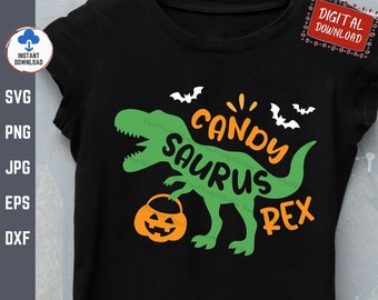 Candy Saurus Rex Svg, Boy Halloween Shirt Svg, Boy Halloween Dinosaur Svg, T-Rex with Bat and Pumpkin Svg, Kids Halloween Costume Svg