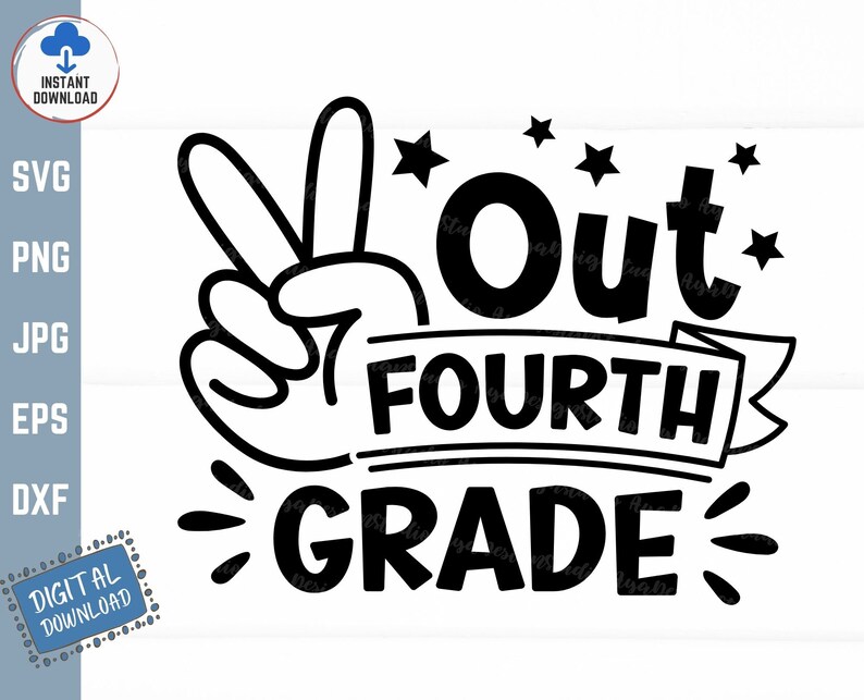 Op de afbeelding: Zwart-wit grafisch ontwerp met een vredesteken en de tekst "Out Fourth Grade".