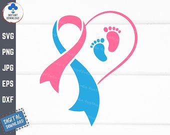 Pregnancy and Infant Loss Heart Ribbon Svg, Infant Loss Awareness, Miscarriage Heart Ribbon, Pink and Blue Heart Ribbon with Baby Feet Svg