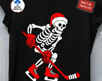 SVG de esqueleto de hockey navideño, PNG de Papá Noel divertido jugador de hockey sobre hielo navideño