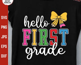 Hello First Grade Pencil Bow Svg, Teacher Kids Back to School Girl Shirt Png, Pink Bow School, 1st Grade Coquette, 1st Day Of School Svg