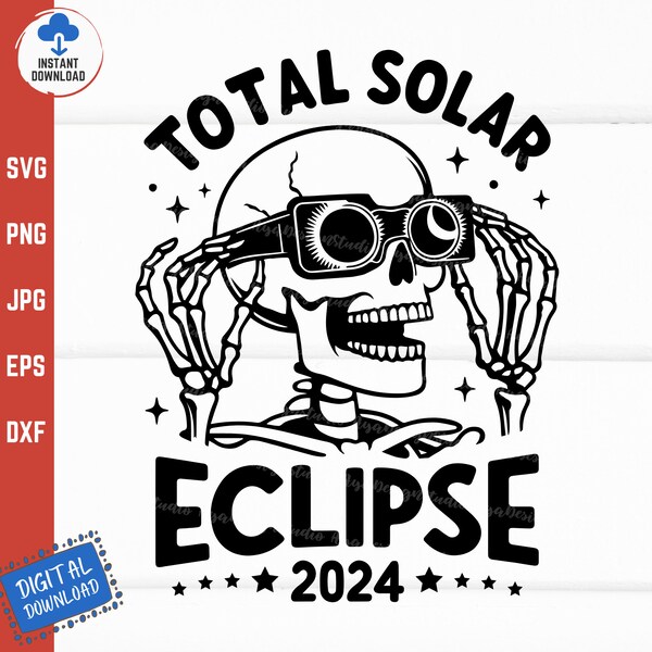 Éclipse totale de soleil 2024 Svg, éclipse solaire de squelette, 8 avril 2024, crâne avec des lunettes d'éclipse solaire, astronomie squelette Svg
