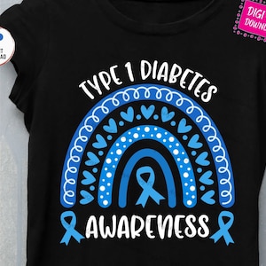 May include: A black t-shirt with a blue rainbow design and the text "Type 1 Diabetes Awareness" with a blue ribbon.