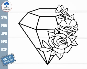 Floral Diamond Svg, Diamond Flowers Svg, Girls Diamond with Flowers Svg, Wedding Diamond with Rose Svg