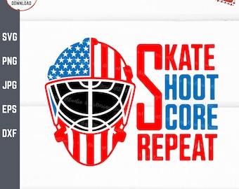 Hockey Skate Shoot Score Repeat 4 of July Svg, Funny Ice Hockey Enthusiast Independence Day, Man Kids Patriotic Sports American USA Flag Svg