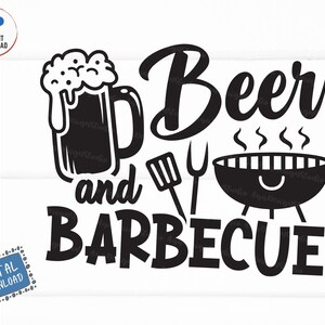May include: Black and white graphic design with the text "Beer and Barbecue". The design includes a beer mug, a grill, a spatula, and a fork.