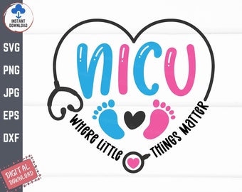 May include: A black and white graphic design of a heart with the word "NICU" inside. The heart is surrounded by a stethoscope and the words "Where Little Things Matter". The letters "N" and "I" are blue, the letter "C" is black, and the letter "U" is pink. There are two footprints, one blue and one pink, below the heart.