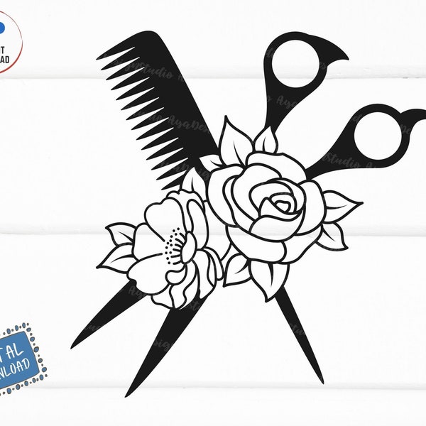 Floral Hair Dresser Svg, Hair Dresser Flower Svg, Hair Salon svg, Floral Scissors Svg, Floral Scissor Svg, Hairdresser Tool with Flower Svg