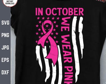 En octubre usamos la bandera estadounidense de color rosa Svg, lucha contra el cáncer de mama Svg, lazo rosa de concientización sobre el cáncer de mama Svg, bandera de EE. UU. contra el cáncer de mama Svg