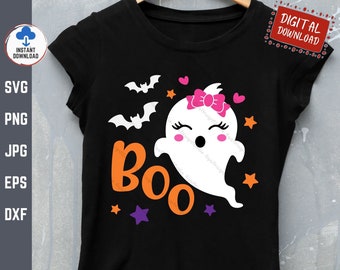 May include: A black t-shirt with a white ghost with pink eyes, a pink bow, and pink hearts. The ghost says "Boo" in orange letters. There are also orange and purple stars and white bats on the shirt.