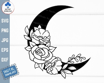May include: A black crescent moon with white floral designs. The flowers are stylised and include roses and peonies.