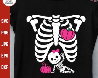Halloween Pregnant Skeleton Pumpkins Girl Bow Svg, Halloween Baby Bump Costume Png, Funny Maternity Fall Pregnancy Announcement Svg