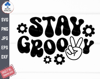 以下が含まれることがあります： レトロなフォントで「Stay Groovy」というテキストが書かれた白黒のグラフィックデザイン。デザインには平和の象徴と花が含まれています。