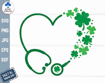 May include: Green shamrock leaves arranged in a heart shape around a green stethoscope. The stethoscope has a shamrock at the end of the listening piece.