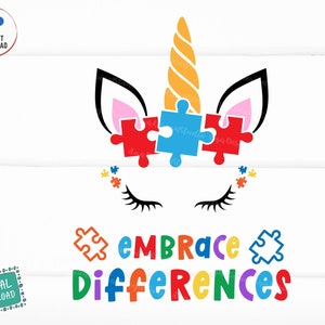 May include: A white unicorn with a rainbow mane and horn. The unicorn's eyes are closed and there are puzzle pieces on its forehead. The text "Embrace Differences" is written below the unicorn in rainbow colors.