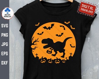 Halloween Dinosaur Svg, T-Rex with Pumpkin Svg, Spooky Saurus Rex Svg, T-rex Halloween Svg, Halloween Boy Shirt Svg, T-Rex with Bat Svg