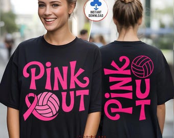 Pink Out Volleyball SVG PNG, Front Back Breast Cancer Awareness Shirt PNG, October Pink Game Digital Download