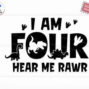 I am Four hear me rawr svg, 4e verjaardag Kids Svg, vierde Rawr verjaardag Svg, vierde verjaardag Saurus Svg, dinosaurus feestvarken Svg