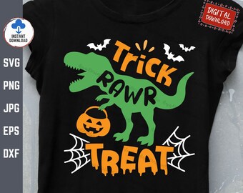 Trick Rawr Treat Svg, Halloween T-Rex Dinosaur Svg, Boy Halloween Dinosaur Svg, T-Rex with Bat and Pumpkin Svg, Kids Halloween Costume Svg